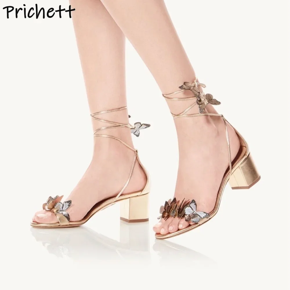 Butterfly Knot Ankle Band Sandals Gold Straight Strap Chunky Heels Slingback Leather Shoes Summer Leather Lace Up Shoes 2025