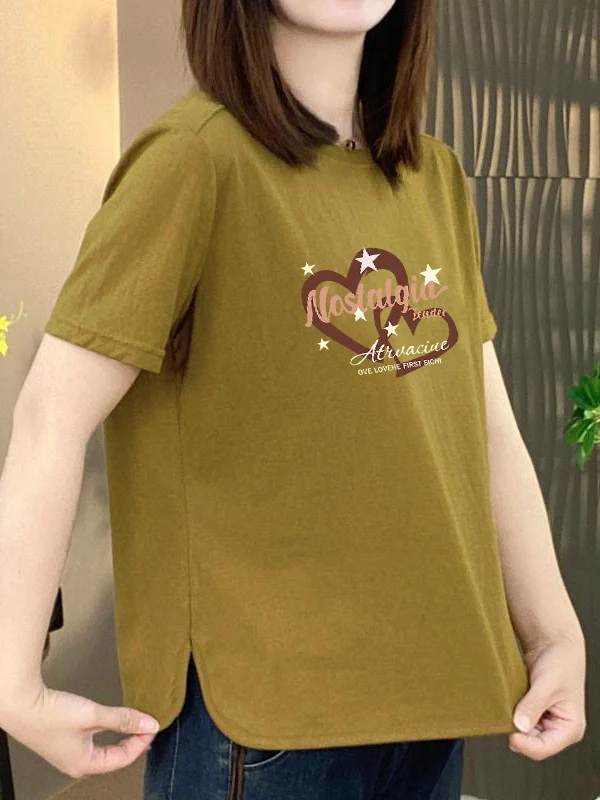 

Повседневная женская футболка с коротким рукавом и принтом, свободного кроя, модная, стройнящая, для женщин среднего возраста