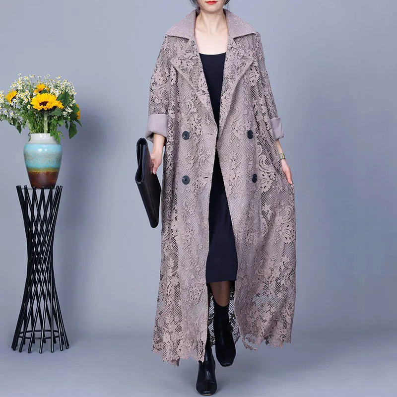 Spring 2024 New Coat Lace Embroidered Water Dissolved Flower Suit Collar Trench Coat Long Slim Fit Windbreaker Top quality