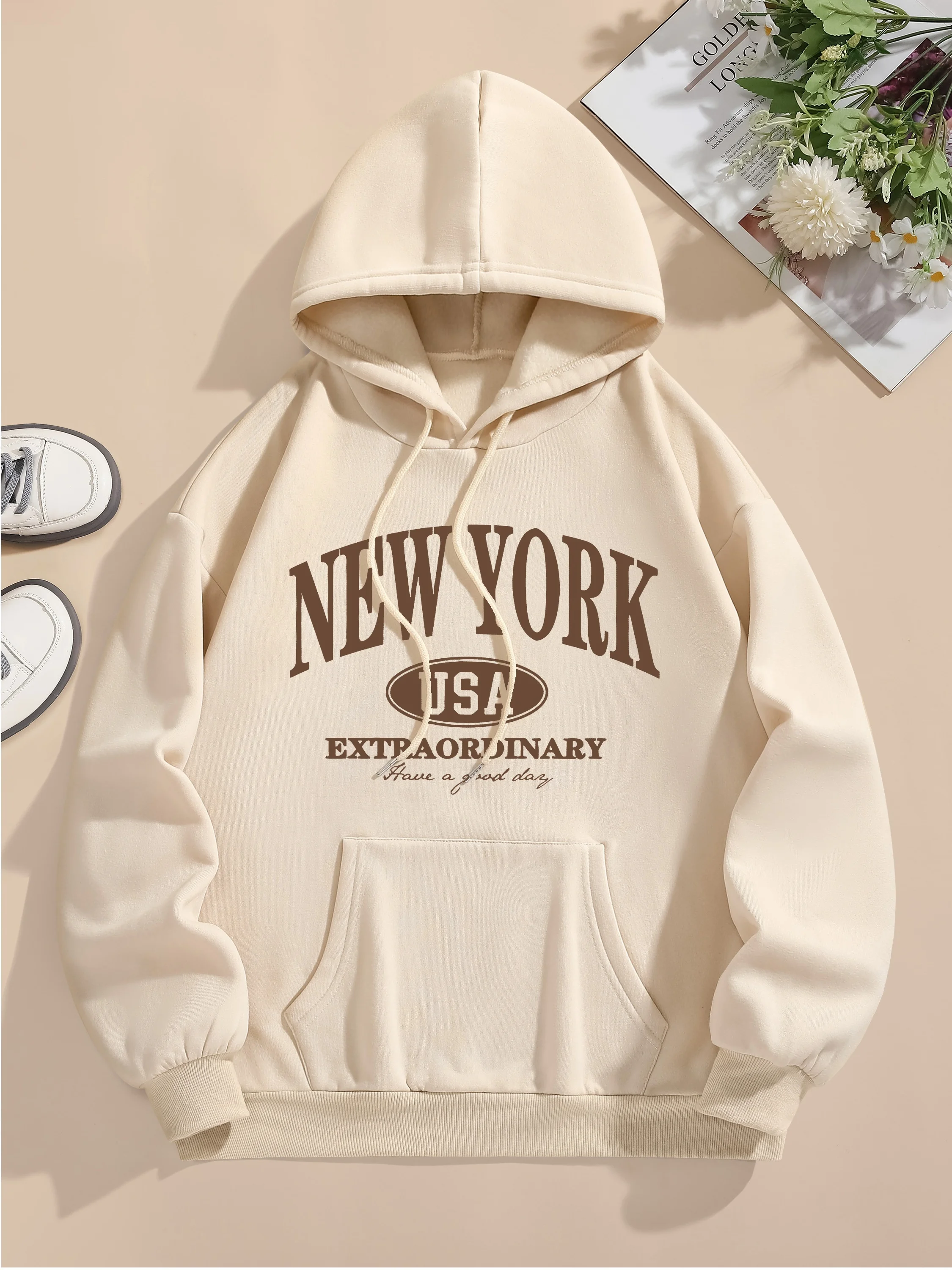 Letter Print Hoodie, Drawstring Long Sleeve Casual Hooded Sweatshirt For Winter & Fall, Women's Clothing