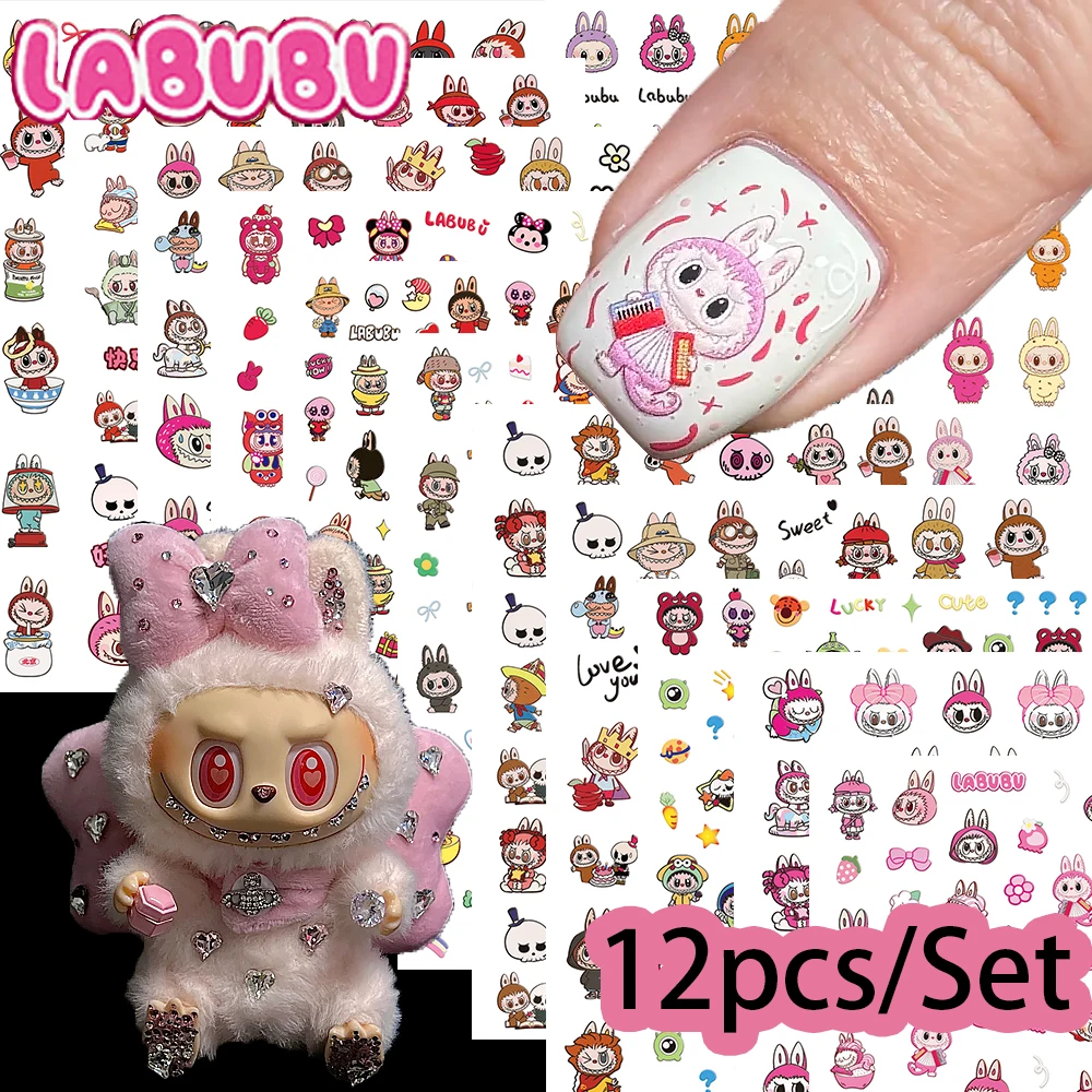 

12pcs LABUBU ZIMOMO Cartoon Elf Nail Stickers Set 5D Ugly Cute Rabbit Pattern Nail Decals DIY Manicure Handbooks Decor Parts