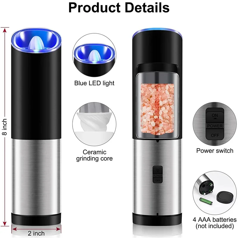 Automatic Electric Pepper Grinder Salt Spice Mill Gravity Operation LED Light Adjustable Coarseness Spice Grinder for Kitchen