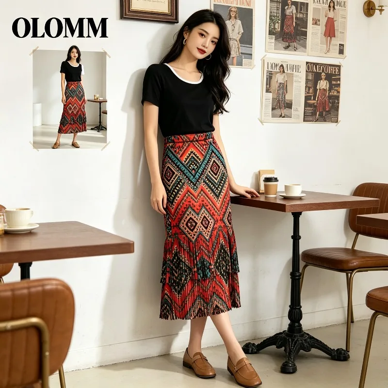 Miyake Pleated 2026 Summer New Original Digital Print Straight Double Layer Flowing Women's Skirt Casual Elegant Slimming Pleat