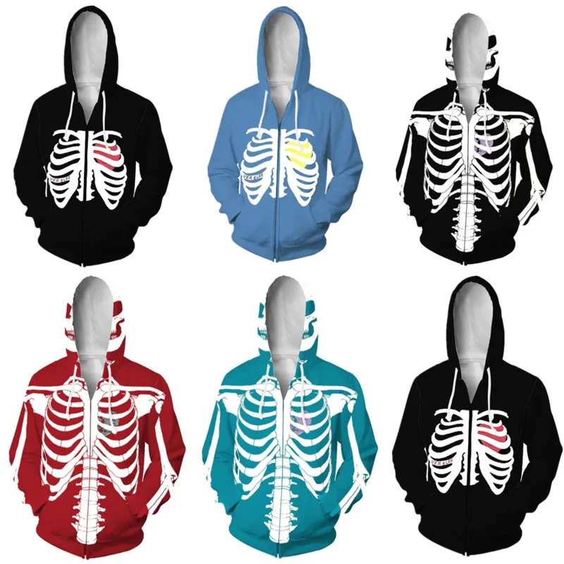 Skeleton Zip Up Hoodie 2022 New 3D Printed Hoodies Funny Halloween Costume Teen Unisex Couple Hoodie Cool Hip Hop Streetwear