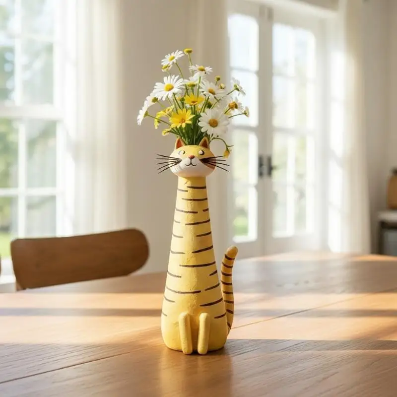Cat Shaped Resin Vase Long Neck Style 1PC Cute Animal Flower Pot Perfect for Shelf Desktop Floral Arrangements