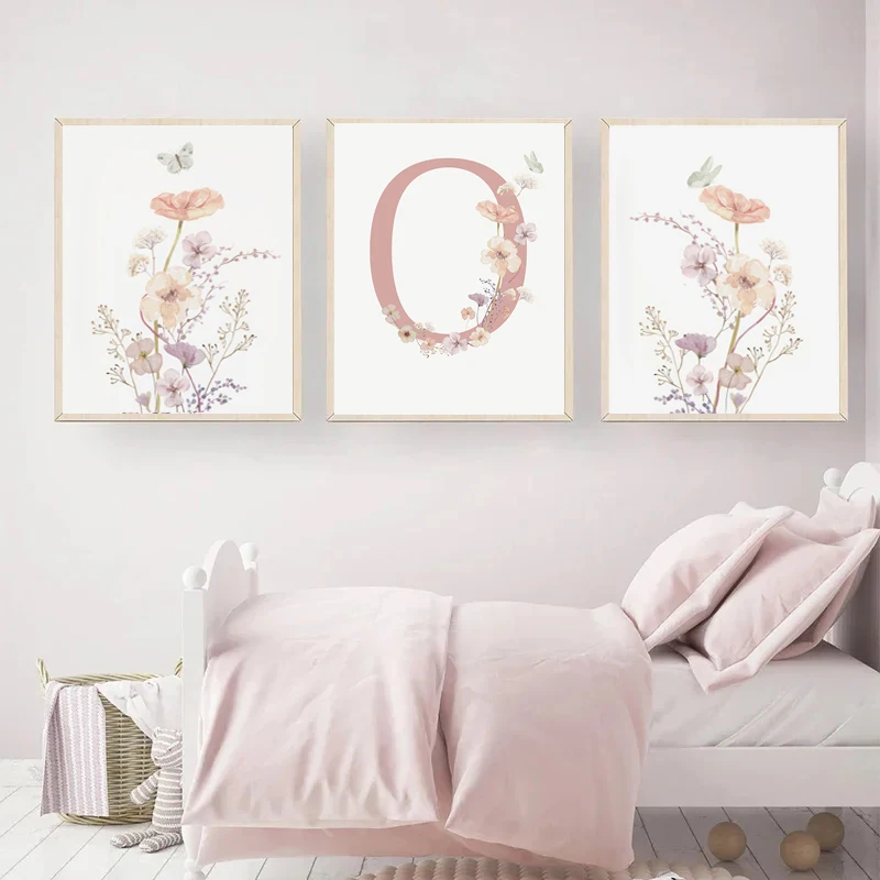 Personalized Name Wildflower Nursery Decoration Poster Picture Pink Floral Canvas Painting Baby Girl Bedroom Wall Art Home Decor