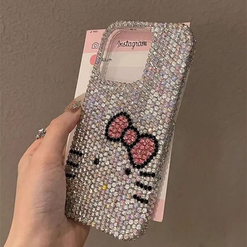 Kawaii Kt Cat Full Diamond Mobile Phone Case Apple 15Promax Iphone15/14/13/12 Anti-Fall Cell Phone Soft Shell Diamond Girl Gift