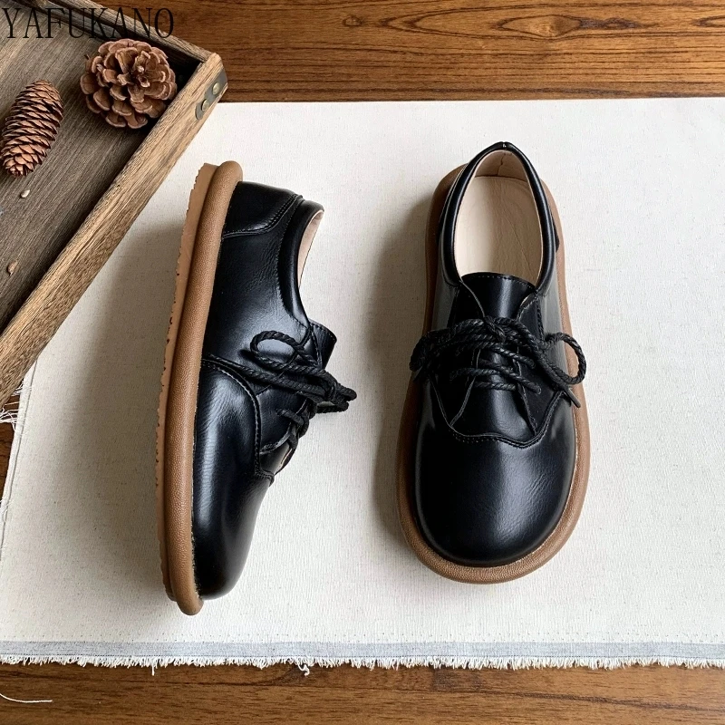 Student Round Toe Lace-up Small Leather Shoes Handmade Soft Sole Comfort Casual Single Shoes Academy Style Mori Girl Flat Shoes