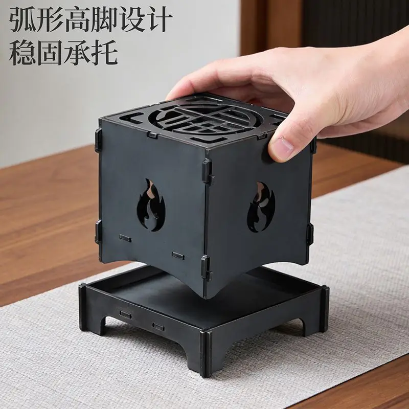 Portable Foldable Black Metal Charcoal Starter Cube with Flame Cutouts for BBQ Camping Outdoor Cooking Durable Compact Ignition