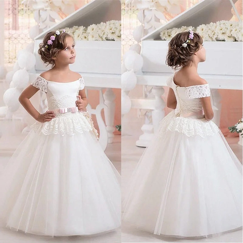 

Elegant White Off Shoulder Flower Girl Dresses For Wedding 2023 Princess A-Line Lace Toddler Pageant Long First Communion Gowns