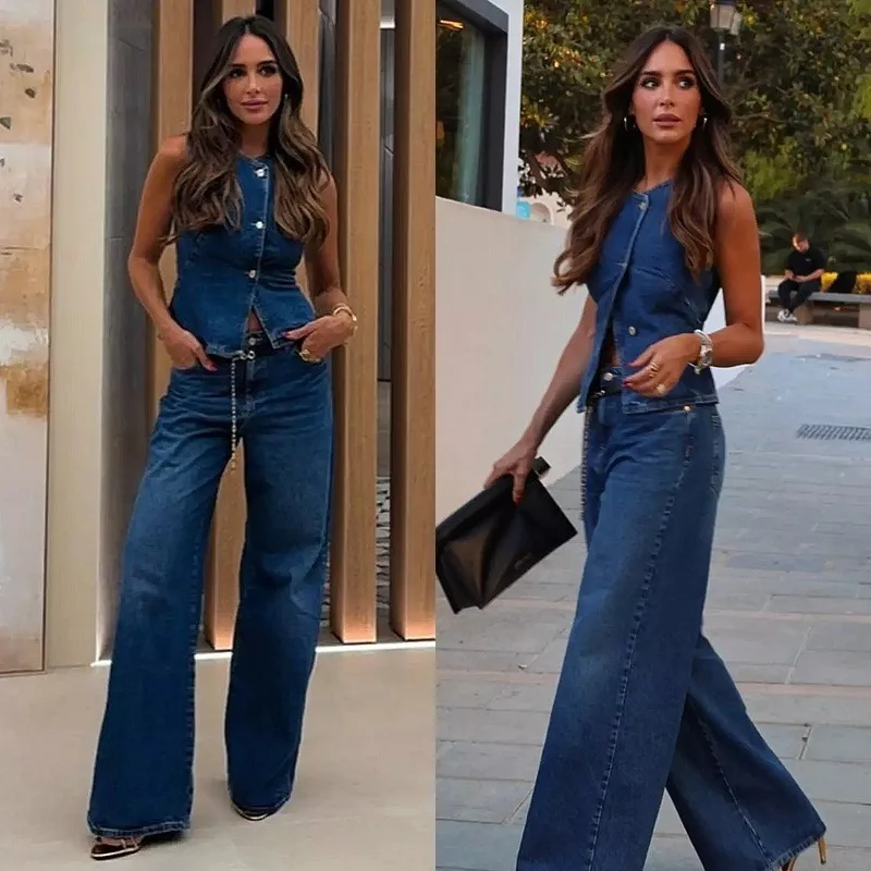 

2025 Spring Summer New Women Vest Fashion Wide Leg Denim Suit Set Custom Made