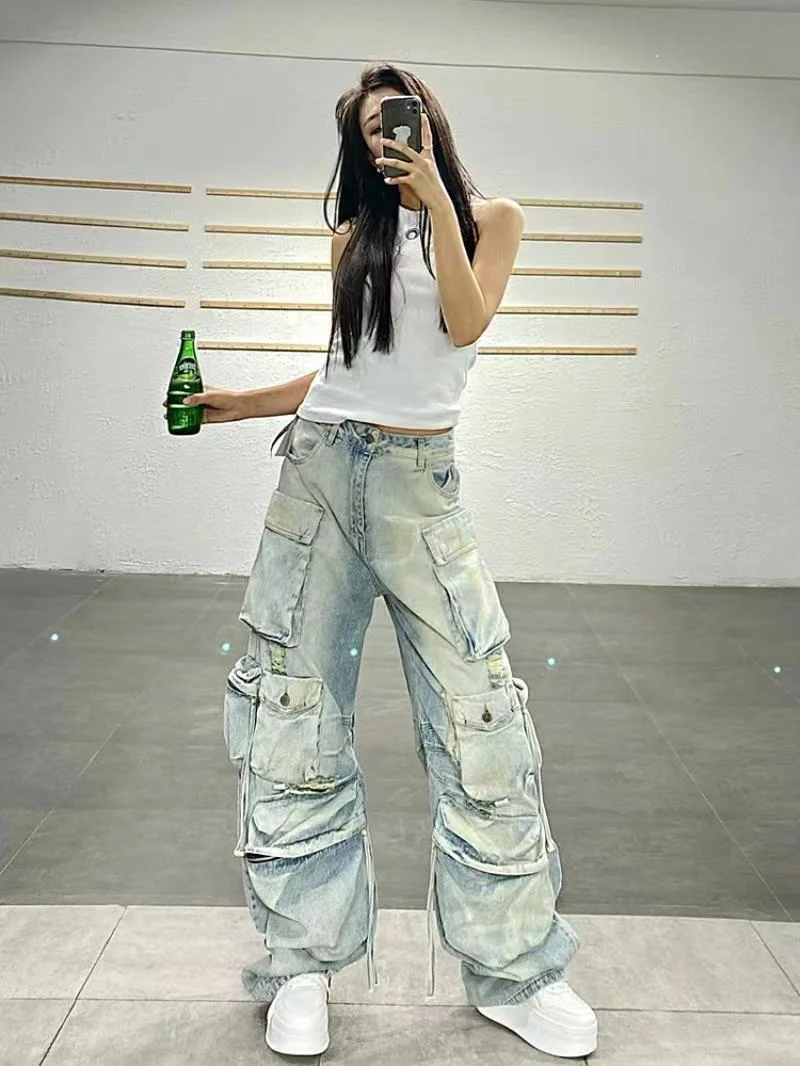 

Baggy Denim Pocket Pants Jeans High Waist Cargo Y2K Streetwear Fashion 2023 Women Summer Clothes Trousers Wide Leg