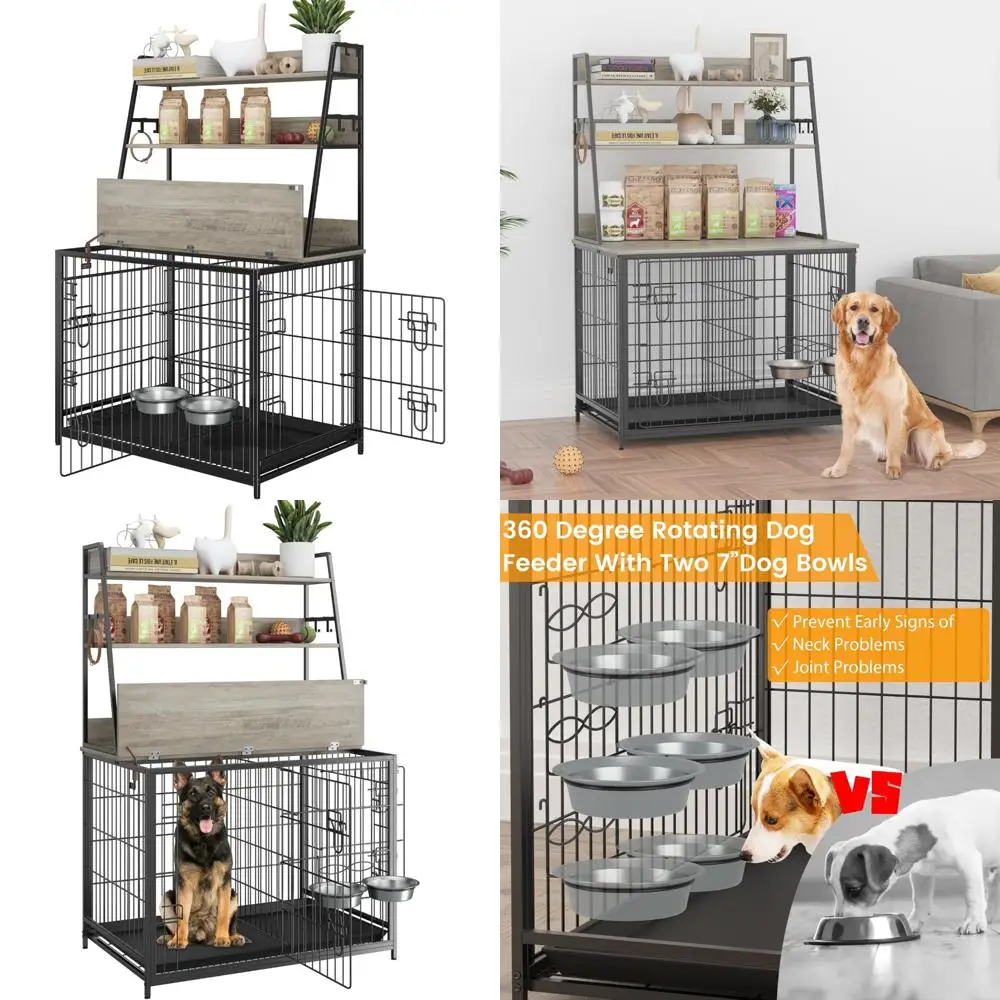 Wooden Dog Crate with Storage, Adjustable Feeding Station, Customizable Layout, Multi-Purpose Design, Ideal for Home Organizatio