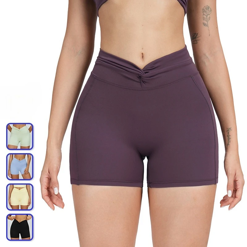 naked feeling tight yoga shorts high waist cross pleated sport shorts outdoor running fitness push up shorts gym cycling women