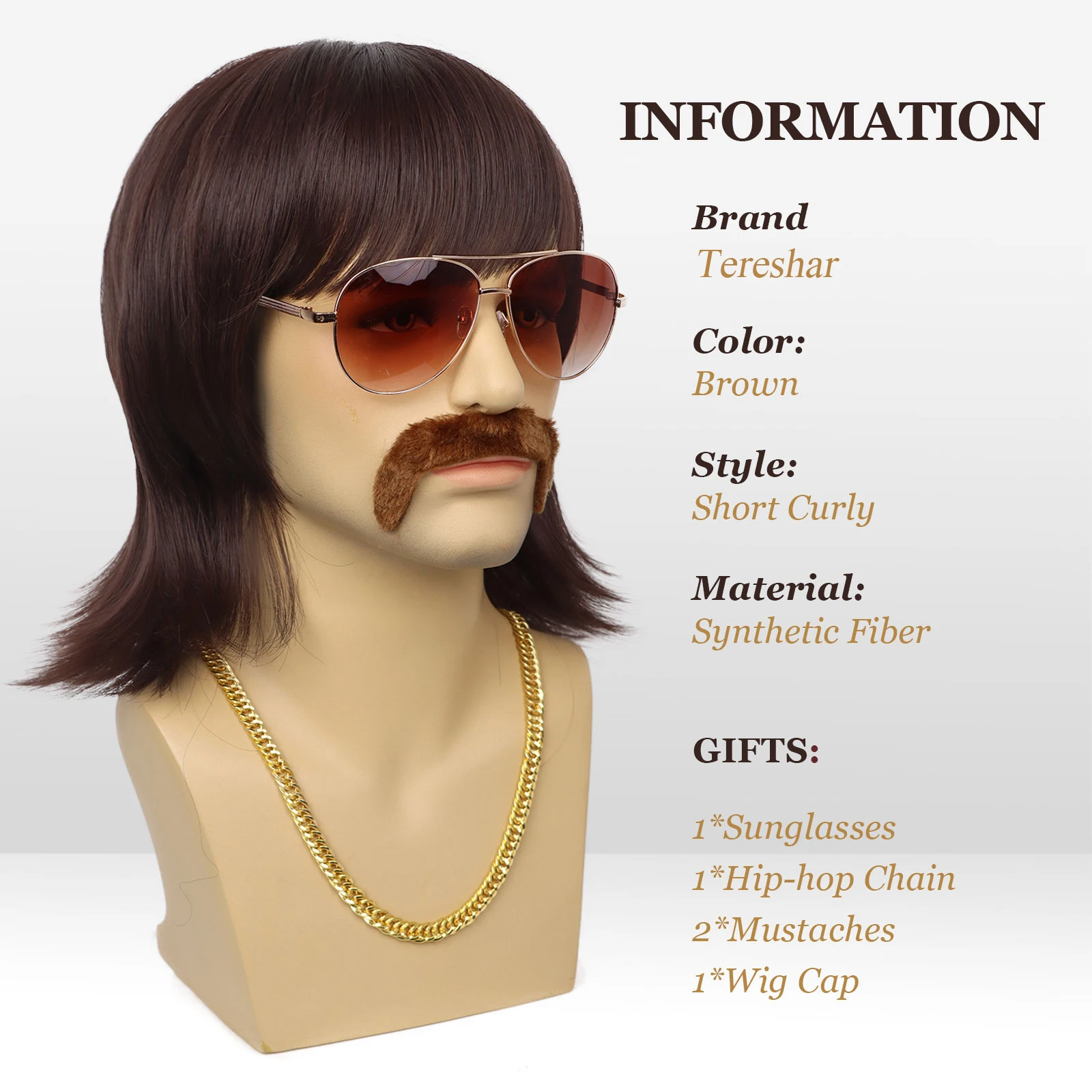 Synthetic Mullet Wig Short 70s Disco Outfit for Men Wig Mustache Glasses and Chain 60s Singer Rocker Hippies Cosplay Halloween