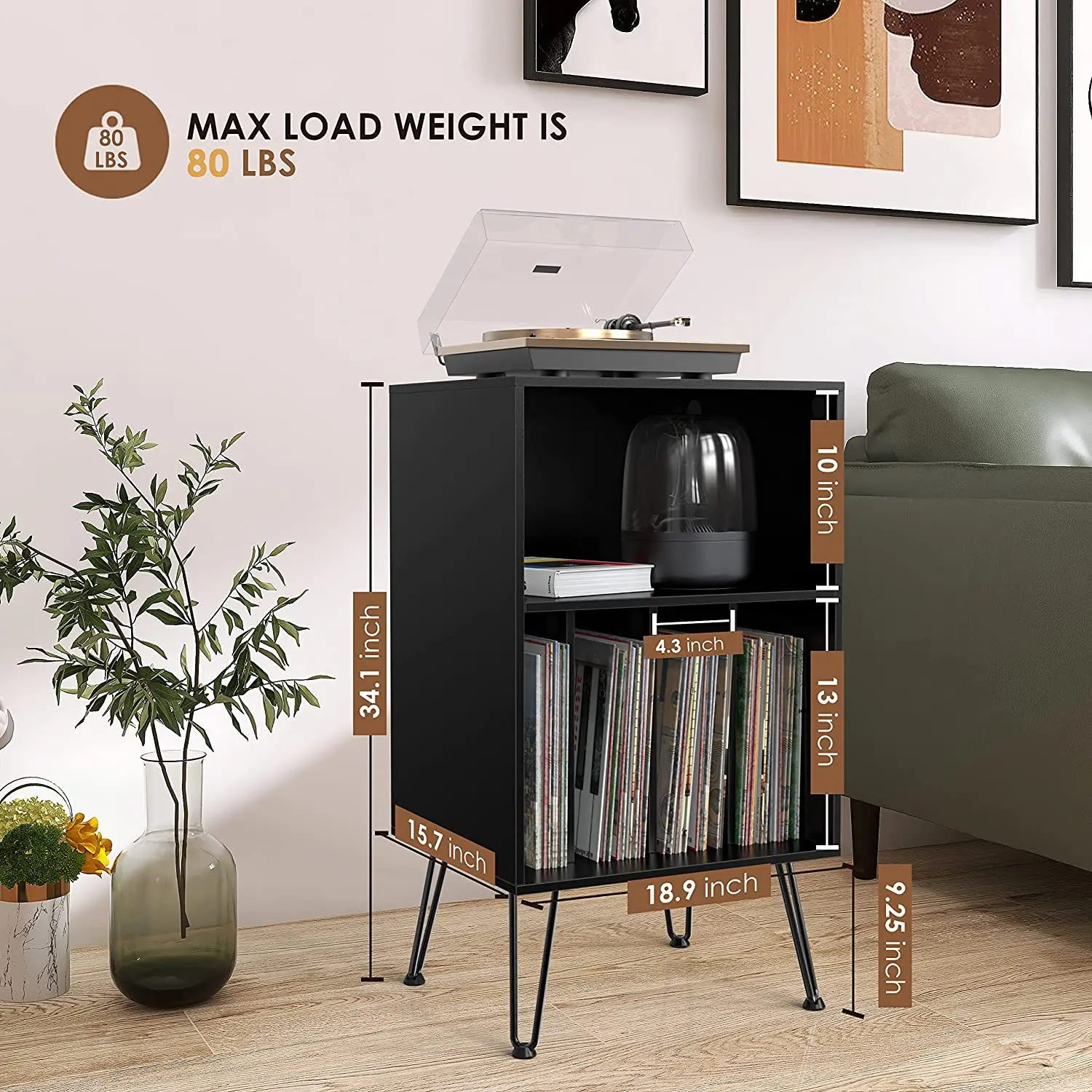 Record player stand with two-wire dovetail legs for storing 150 record cabinets