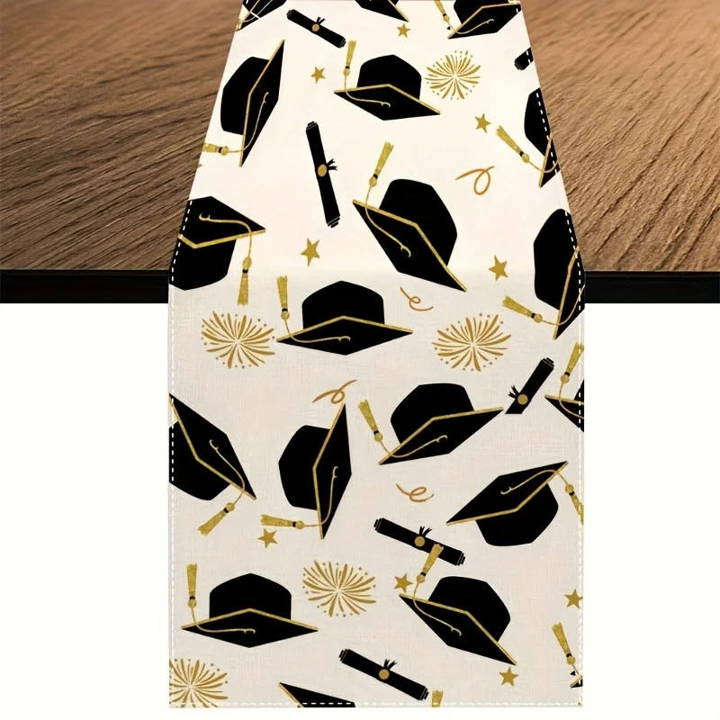 Graduation Cap Diploma Table Runner - Linen Black Gold White Party Decor