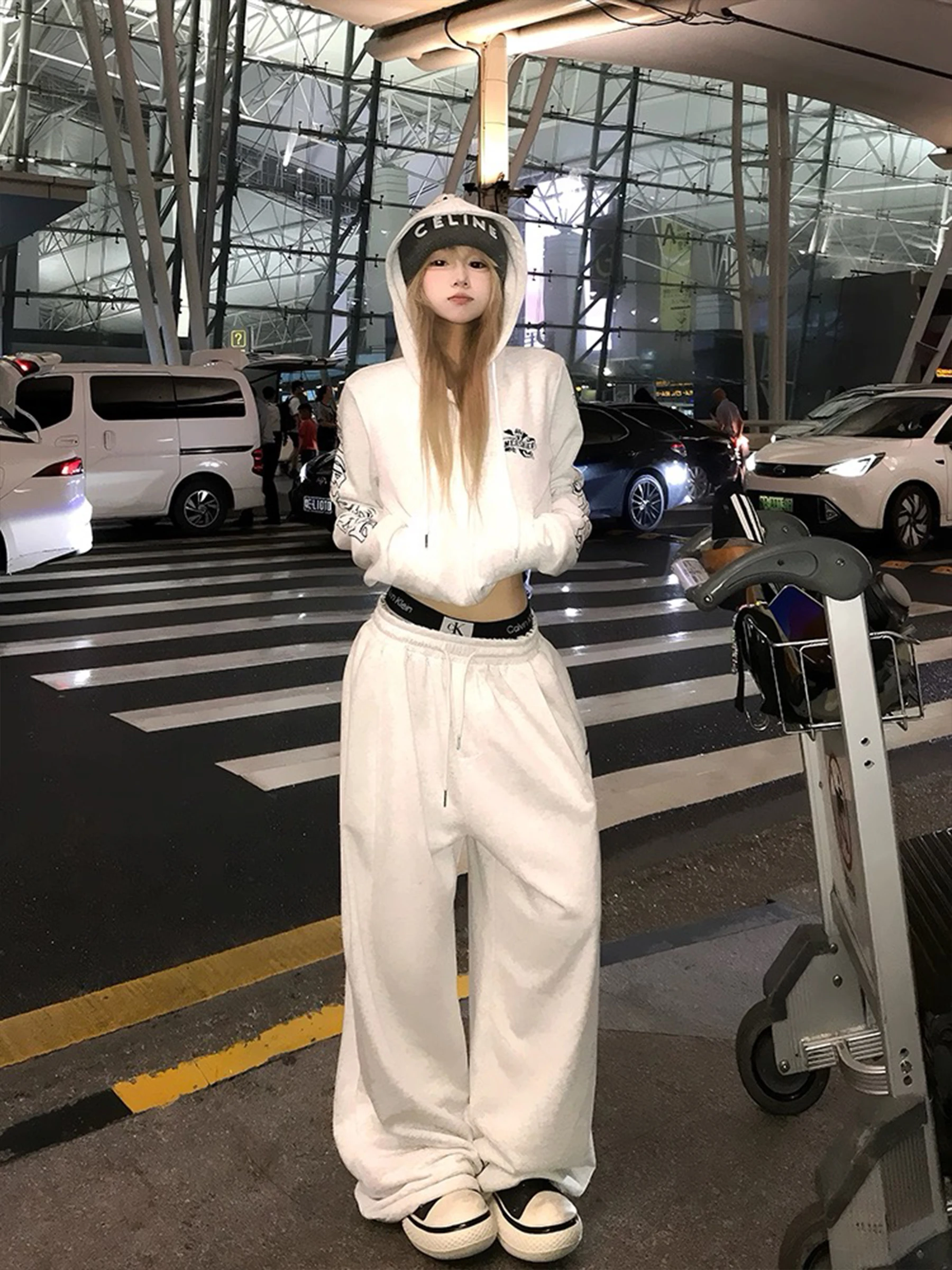 معطف نسائي بقلنسوة من American High Street Gothic Sle للربيع والخريف فضفاض مطبوع عليه حروف راقية مفتوحة