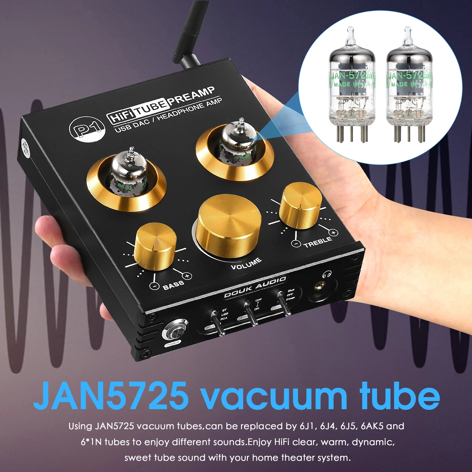 Nobsound HiFi Bluetooth 5.0 JAN 5725 Valve Tube Preamp Bass Preamplifier Stereo Audio Headphone Amplifier USB DAC APTX