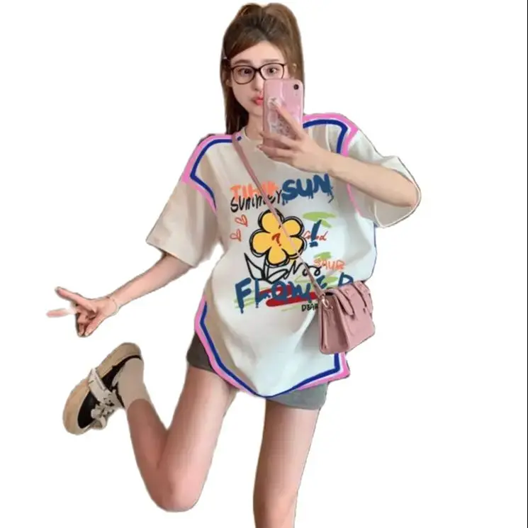 Korea Women Casual Printed Basic Short Sleeve T-Shirt Summer Solid Loose Tees Female Top 2024 New