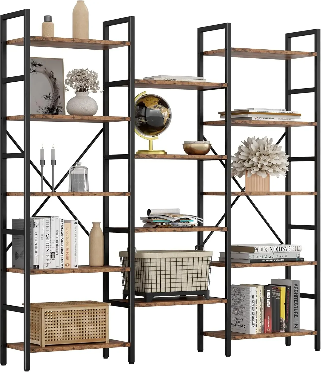 IlearCK-5-Tier Triple & Wide Industrial Bookcase, Open Exhibition Shelves