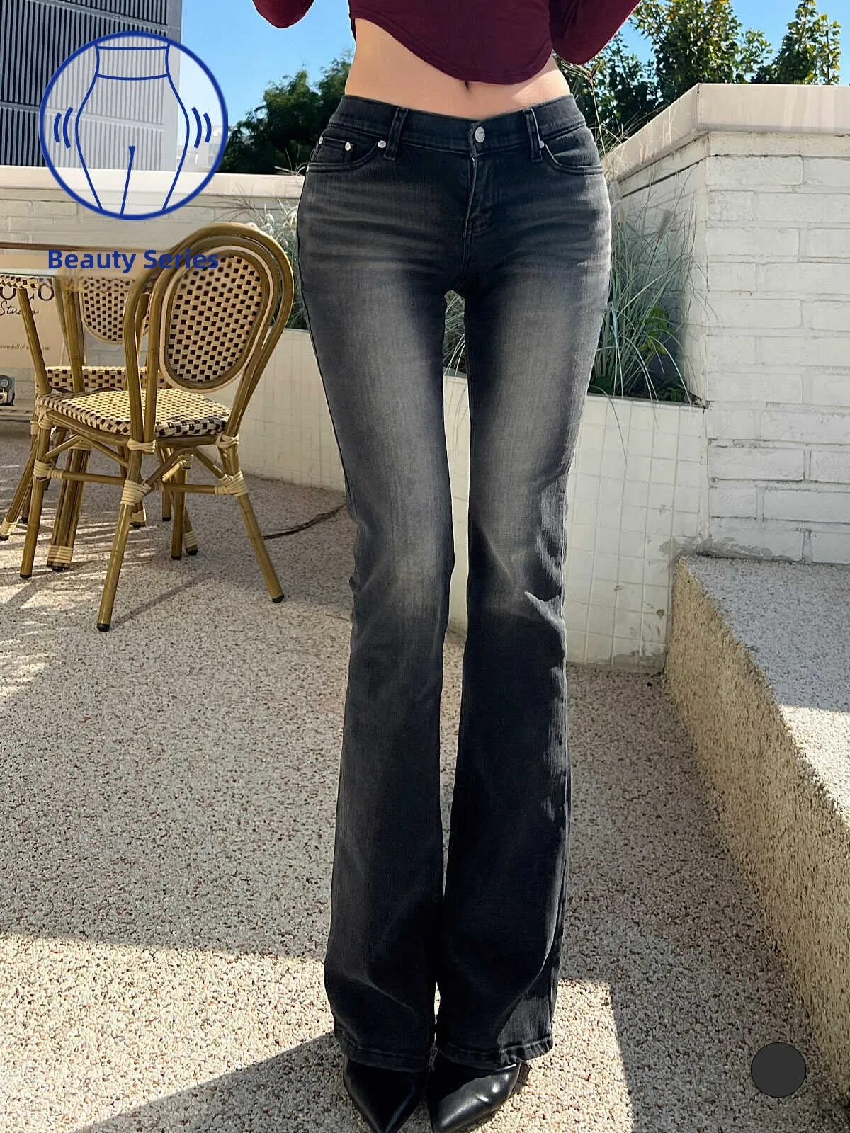 

Low Waist Bell Bot Jeans Women's Elastic Slimming Leggings Bla ey Denim Flared Pants Stretchy Comfortable Ankle Length