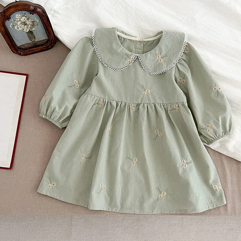 1-6Y Autumn New Girls Dress Fashion Cute Doll Neck Embroidered Flowers Dress Spring Children\'s Girls Long Sleeve Princess Dress