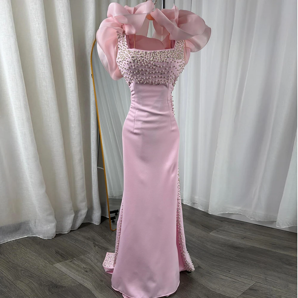 

Вечерние платья русалки по индивидуальному заказу, длиной до пола, с квадратным воротником, без рукавов, платье для выпускного вечера, модное драпированное вечернее платье с бисером и рюшами