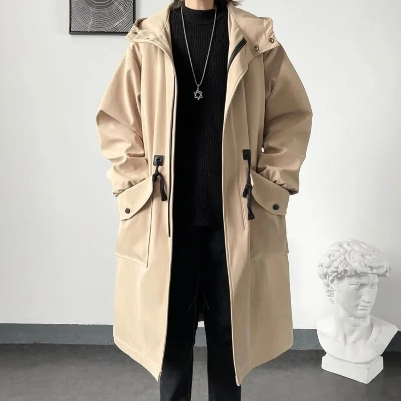 2023 Spring Autumn Army Green Windbreaker Fashion Men Mid-length Casual Hooded Coat Men Daily High Street Overcoat Male Clothes