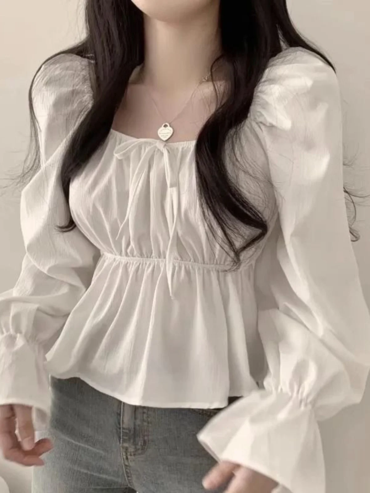 

Spring New Sle Women's irt Square Collar Bubble Sve ort Waist in Korean Version Faionable Long Sve Small Top