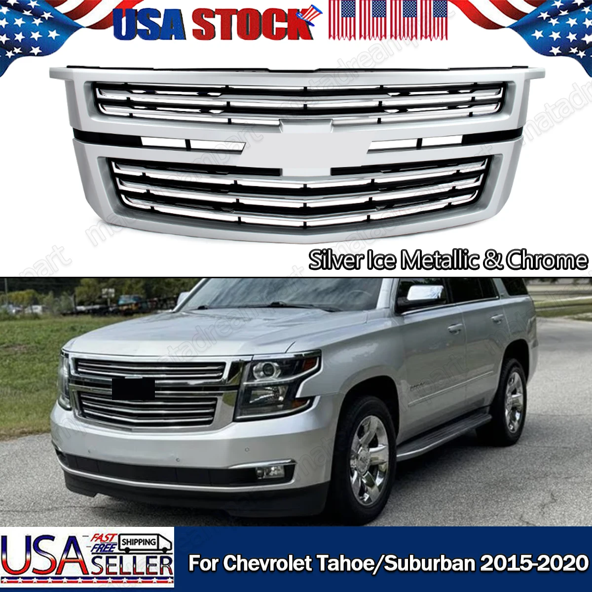 

Front Upper Grille Modified Grill for Chevrolet Tahoe Suburban 2015-2020 Front Bumper Grille Air Intake Grills Hood Grill Silver