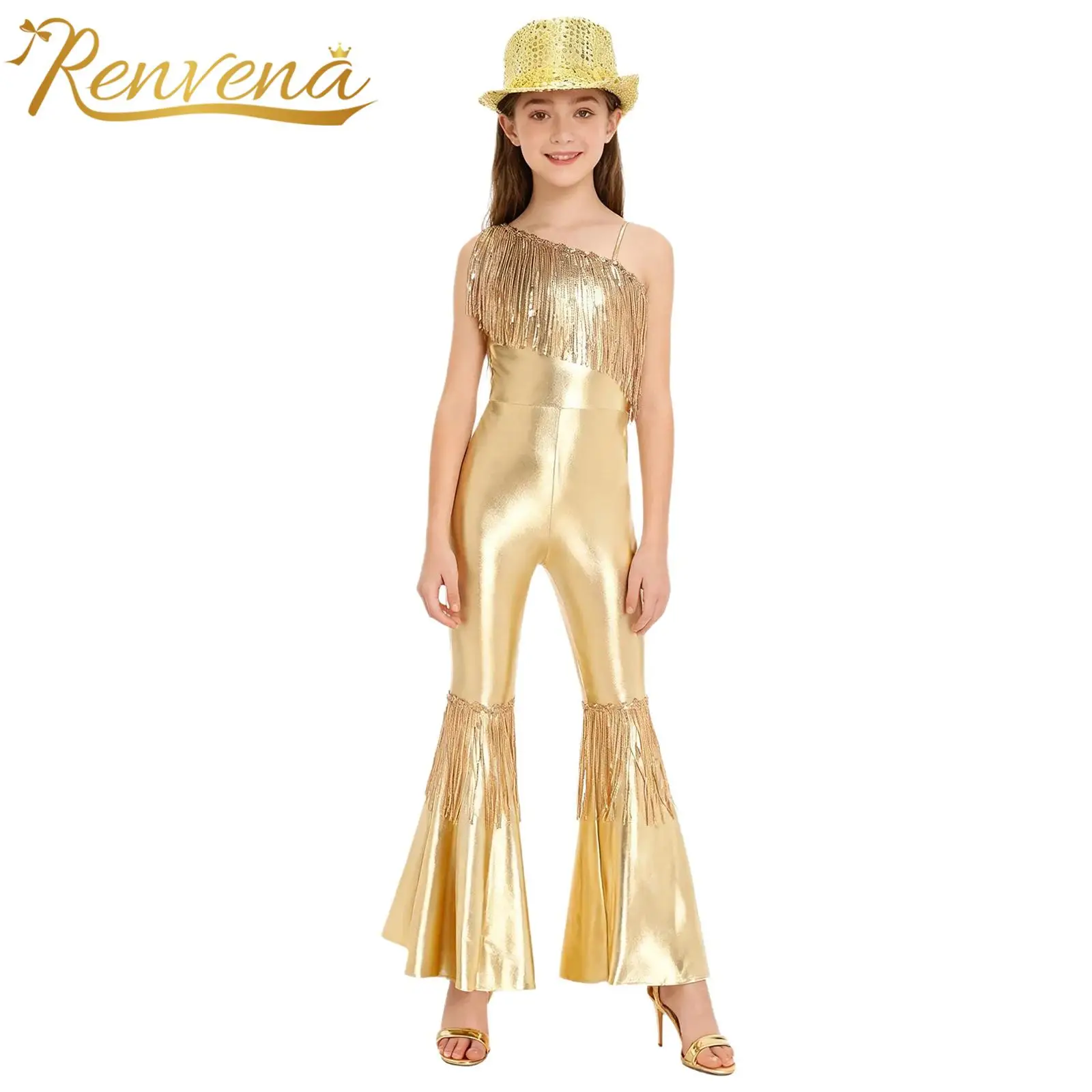 Kids Girls 70s Disco Jazz Dance Costume Hippie Hiphop Disco Outfit One Shoulder Sequins Tassel Flared Jumpsuit Teens Party Sets