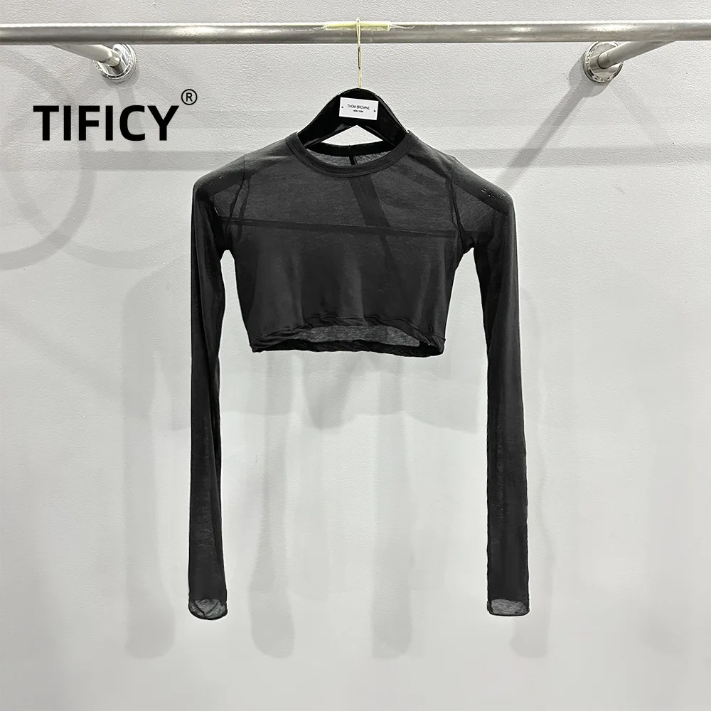 

High Street Crop Tops Women's Spring and Summer Thin Fabric Cotton Close Fitting Short Sleeved Round Neck Base Pullover T-shirt