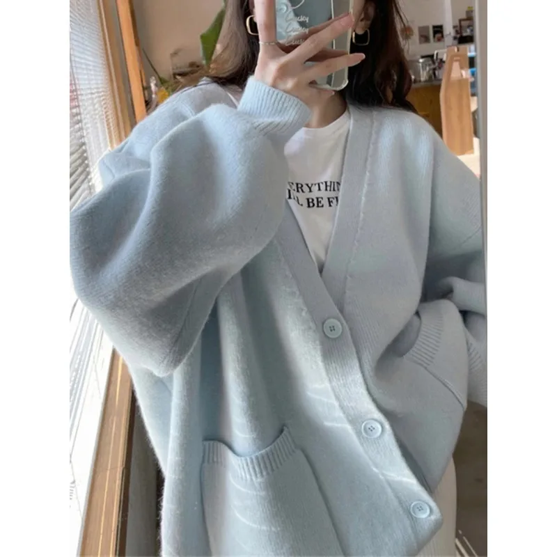 

Женский вязаный кардиган свободного кроя с V-образным вырезом, однобортный, с карманами, бежевый, фиолетовый, красный, осенний, повседневный