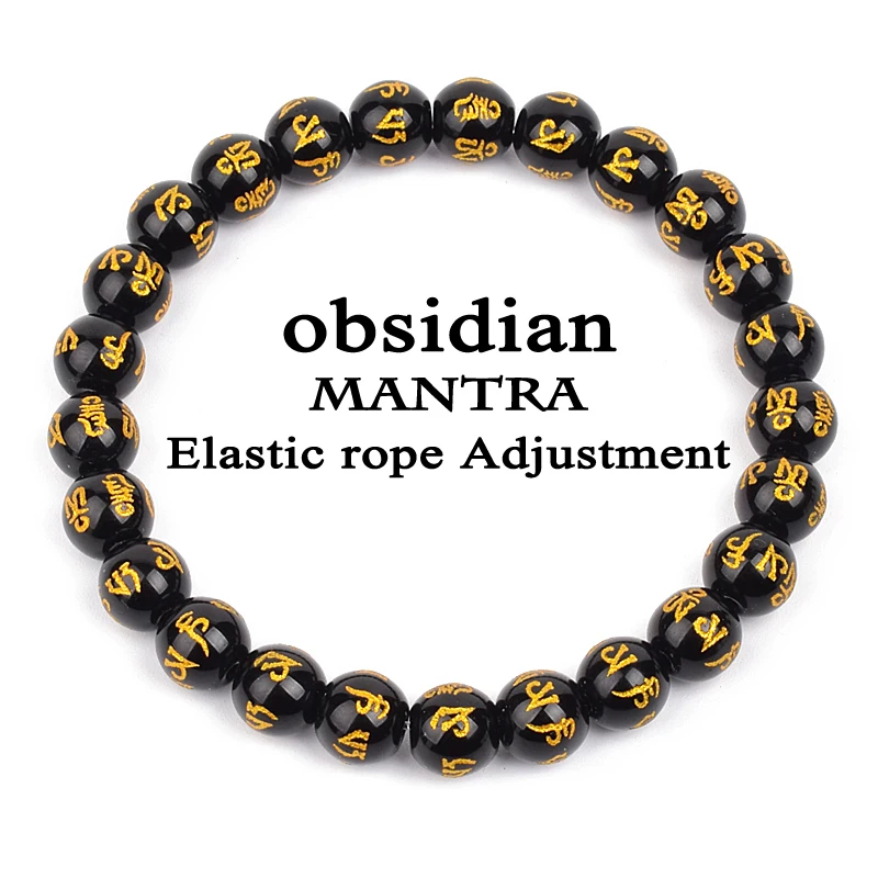 Feng Shui Black Obsidian Stone Beads Bracelet Wristband Good Luck Mantra Bead Wealth Onyx Matte Agates Obsidian Bangles