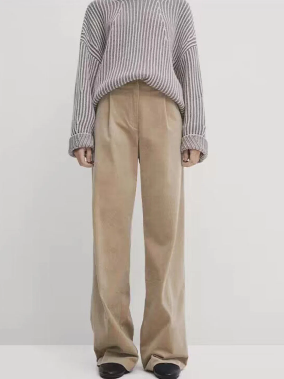 가을 겨울 여성 캐주얼 루즈핏 신축성 있는 허리 따뜻한 코듀로이 와이드 레그 팬츠 편안한 패션 트렌디 스트레이트 레그 트라우저