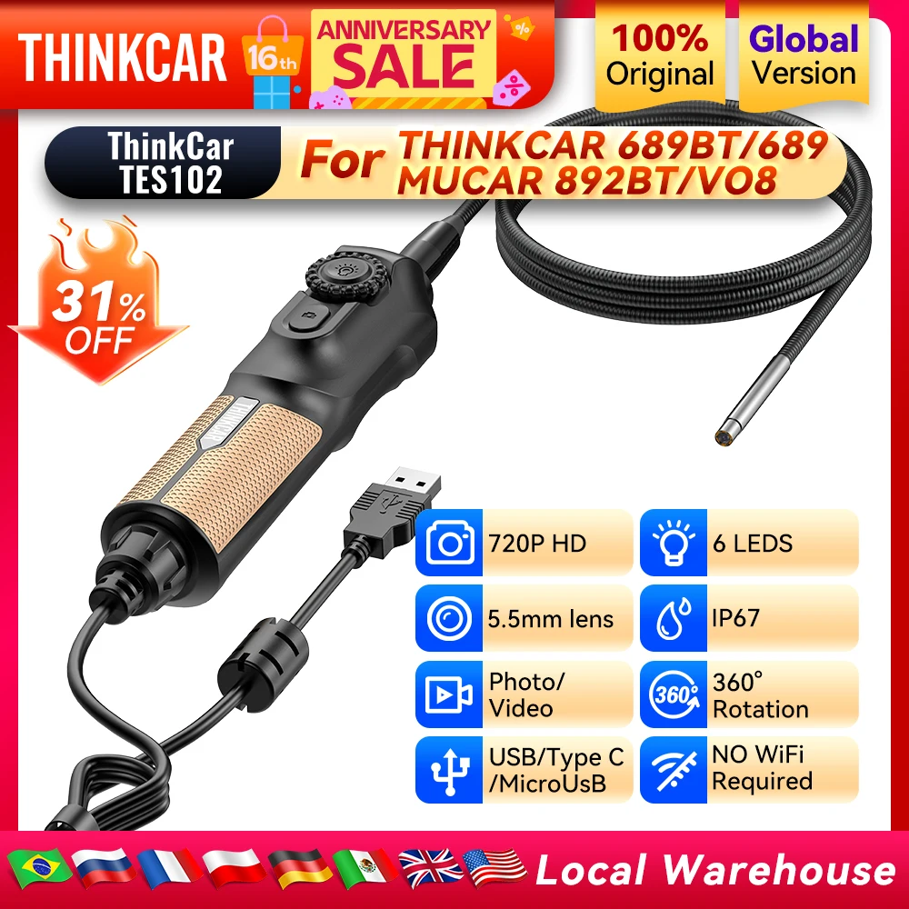 

Видеокамера-эндоскоп THINKCAR TES102 с USB-подключением, светодиодной подсветкой, водонепроницаемая, для диагностики автомобилей, совместима с MUCAR 892BT 689BT