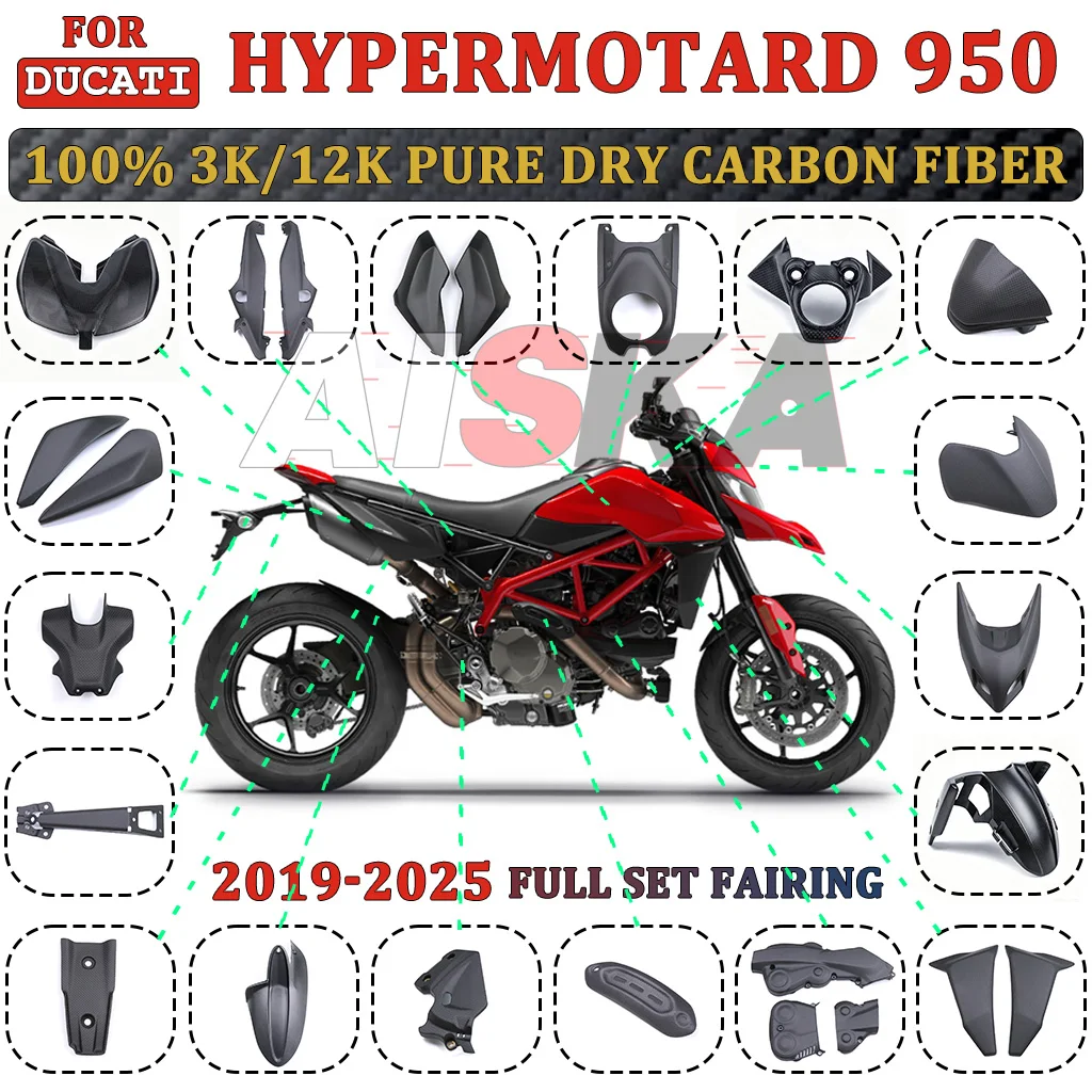 

For Ducati Hypermotard 950 Base RVE SP 2019-2025 100% Carbon Fiber Motorcycle Fender Tank Heatshield Tail Side Panel Fairing Kit