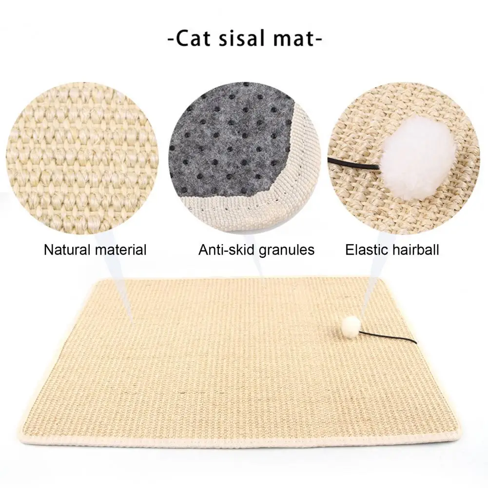 Handwoven Cat Scratching Mat Durable Sisal Cat Scratcher Mat with Plush Ball Furniture Protector Anti-slip for Walls for Indoor