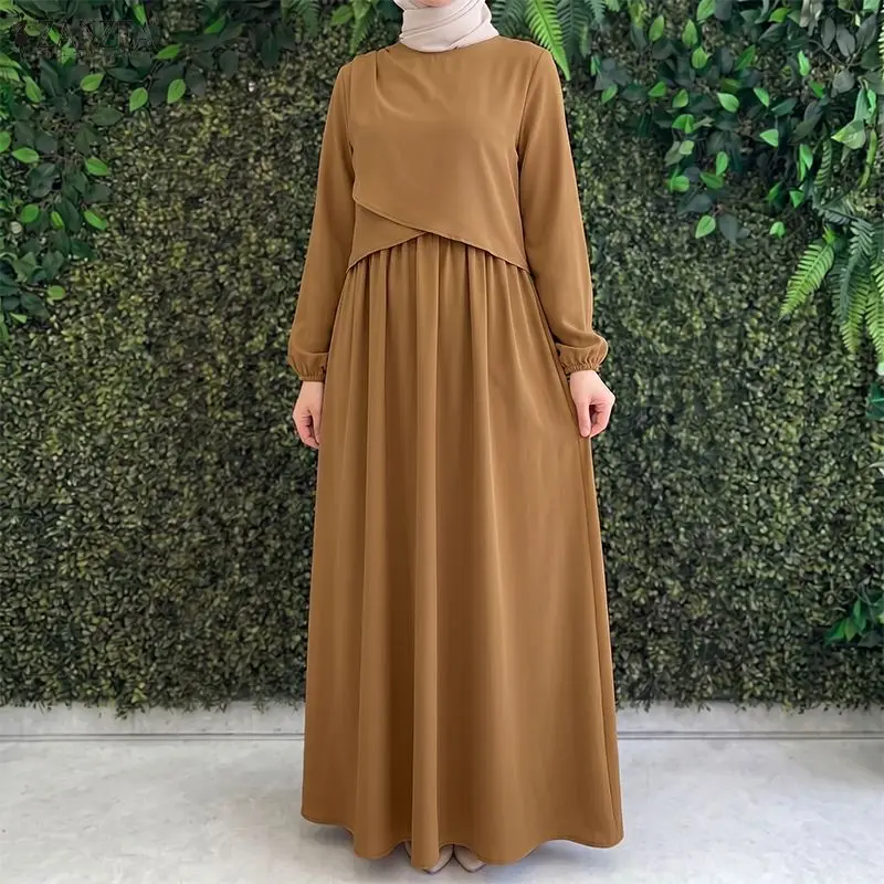 

ZANZEA Muslim Modest Women Layered Detailing Maxi Dress O-Neck Long Sleeve Solid Color Abaya Robes Islamic Hijabis Loose Kaftan