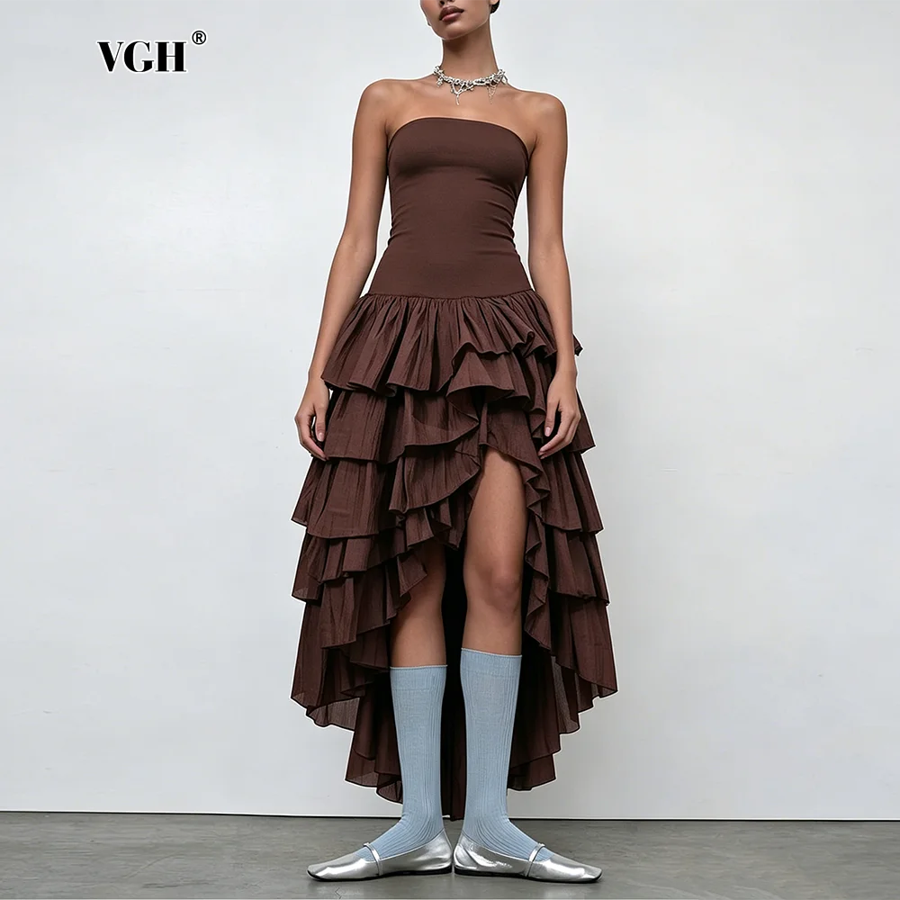 VGH Casual Outfits Braune Trägerlose Stufenkleider für Damen Trägerloses Schmales Design Asymmetrischer Saum Rock für Streetstyle