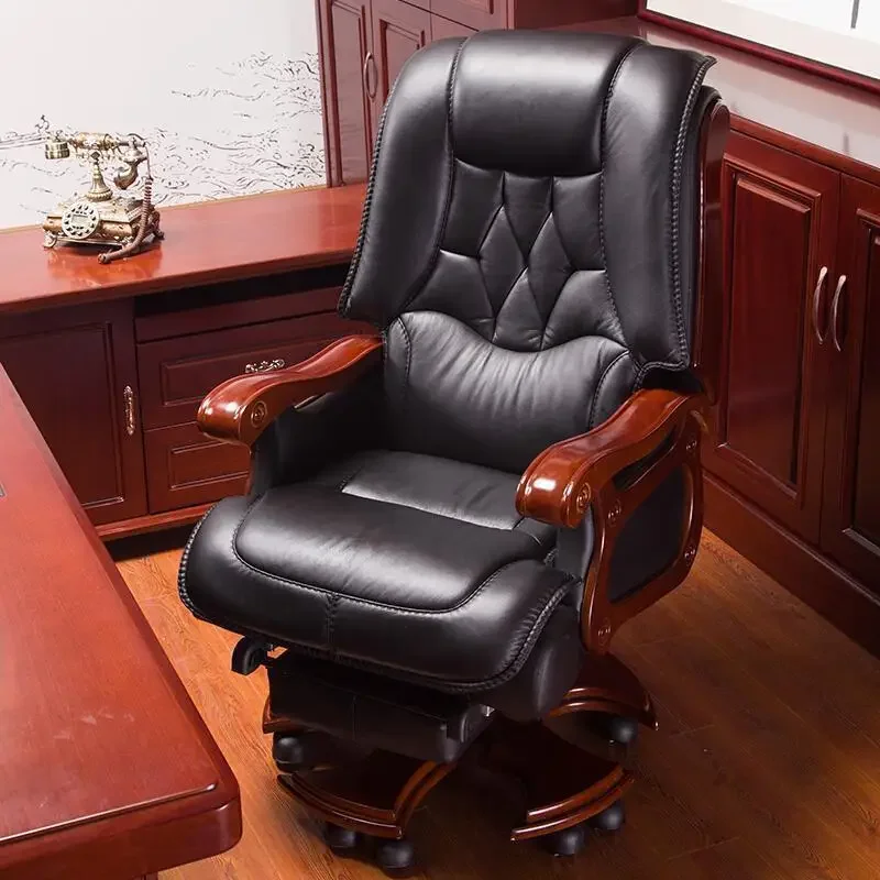 High End Solid Wood Cowhide Leather Reclining Gas Lift boss Office Chair with Massage and Footrest factory