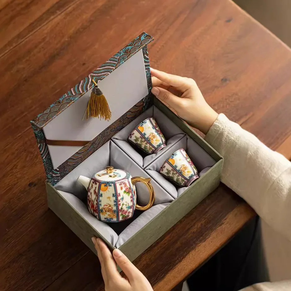 Colorful Luxury Teapot Tea Ceremony Cup Bafang Jucai Pot Ceramic Enamel Teapot One Pot Two Cups Home Hand-Handle Kung Fu Tea Set