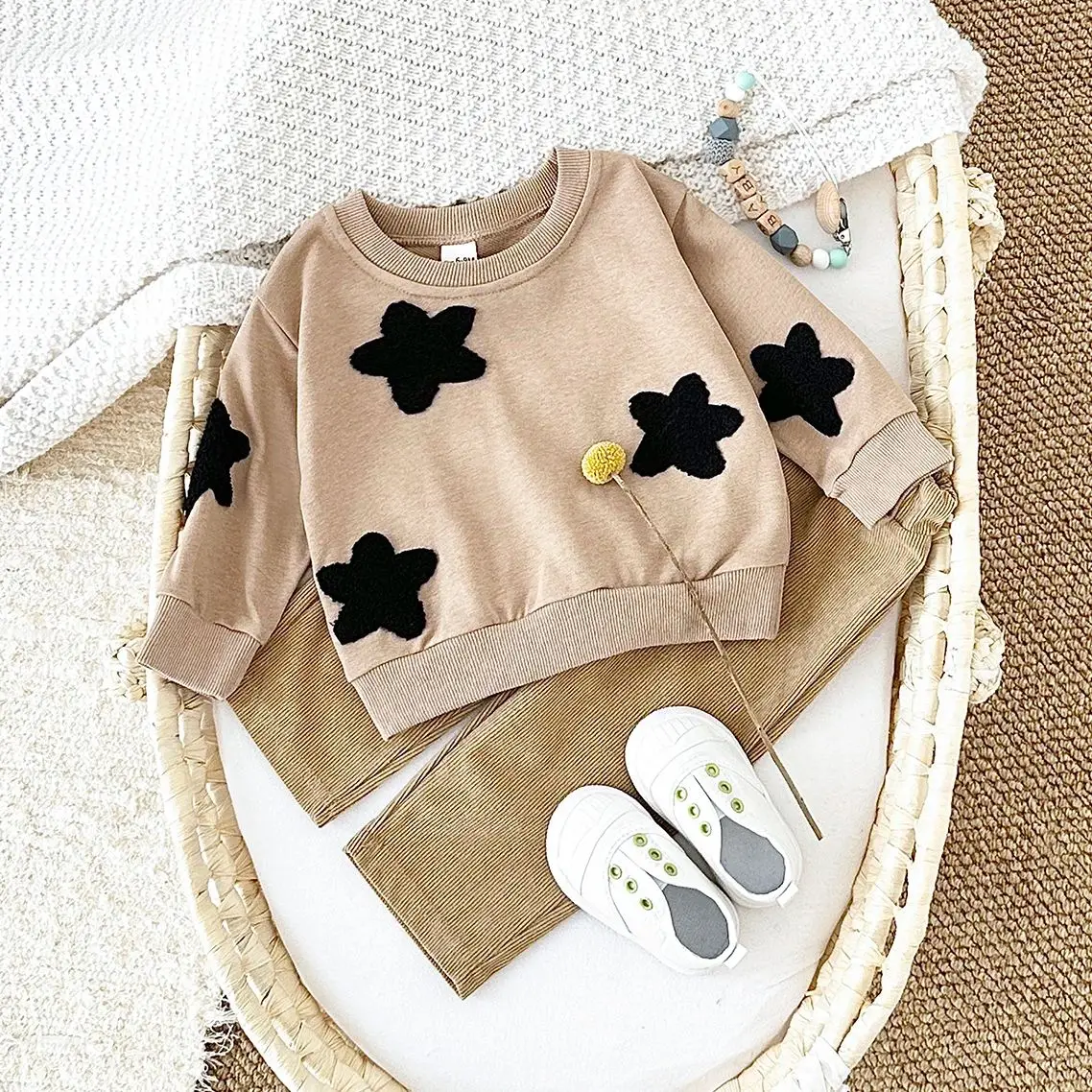 2024 Newborn Baby Clothes Boys Girls Toddler Suit Warm Cotton Comfortable Spring Autumn Star Flower Pullover Top+Loose Pants