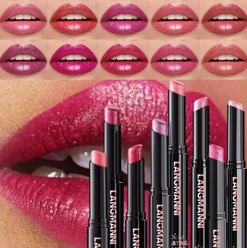 LANGMANNI 10 colors slant mouth pearlescent swivel slant mouth design lipstick single pack lipstick lasting color lip gloss
