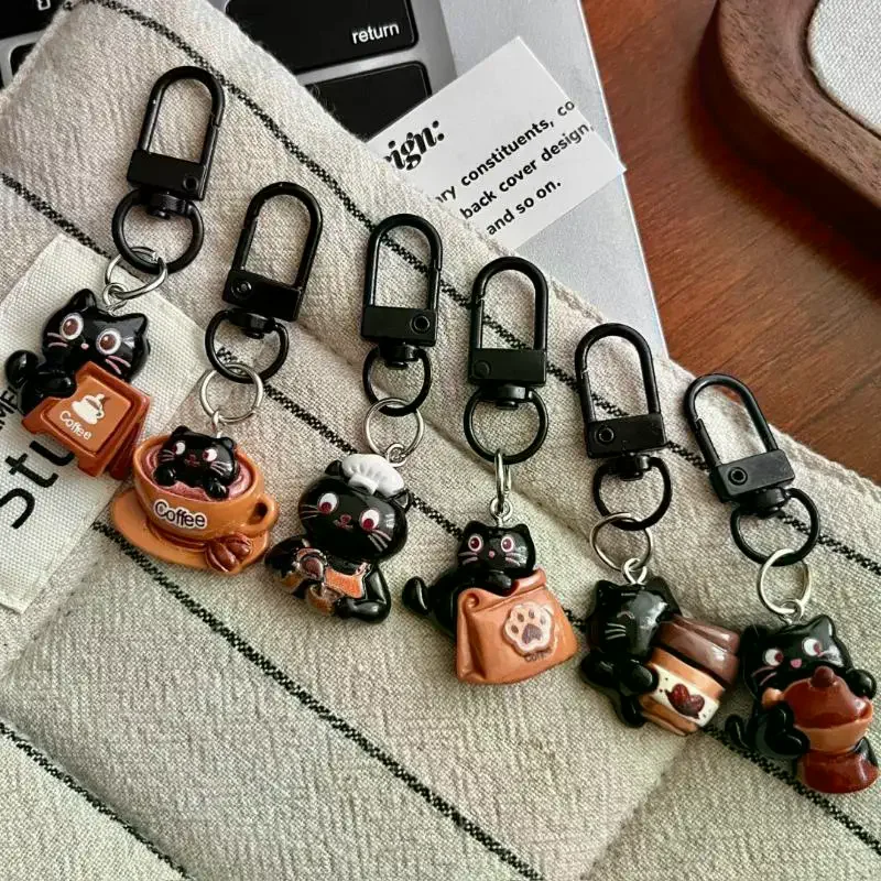 6Pcs Cute Chocolate Coffee Bag Charm Pendant Couples Backpack Purse Decoration Cartoon Black Cat Keychain For Women Gift