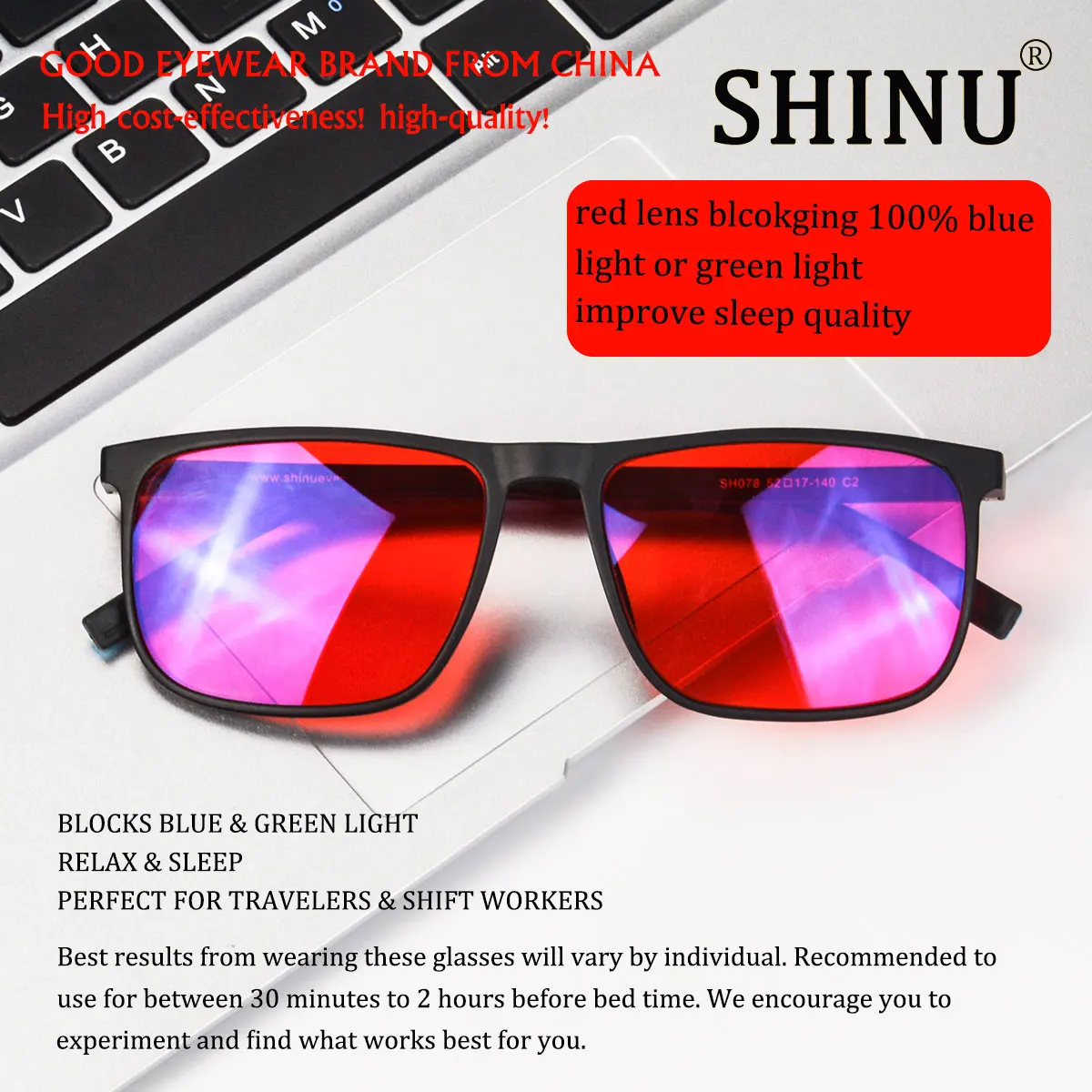 SHINU Good Sleep Blaulicht-blockierende Brille für Herren, rote Gläser, Anti-Grünlicht, beseitigt die Belastung der Augen, kann individuell angepasst werden – Detail 12