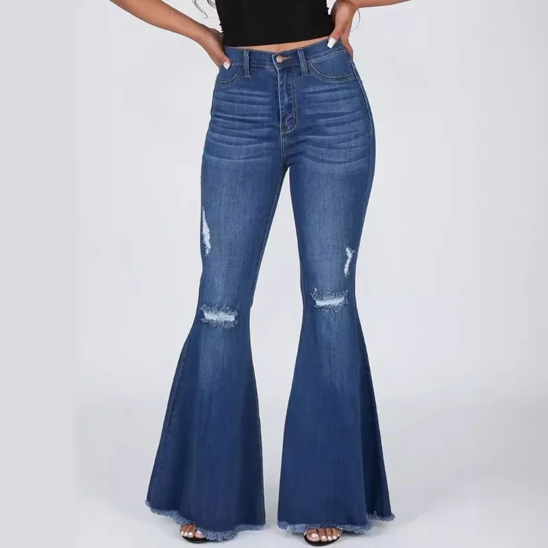 

Винтажная уличная одежда, джинсовые расклешенные брюки, женские джинсы, потертые вручную кисточки с высокой талией, потертые брюки, повседневные тонкие полые прямые брюки