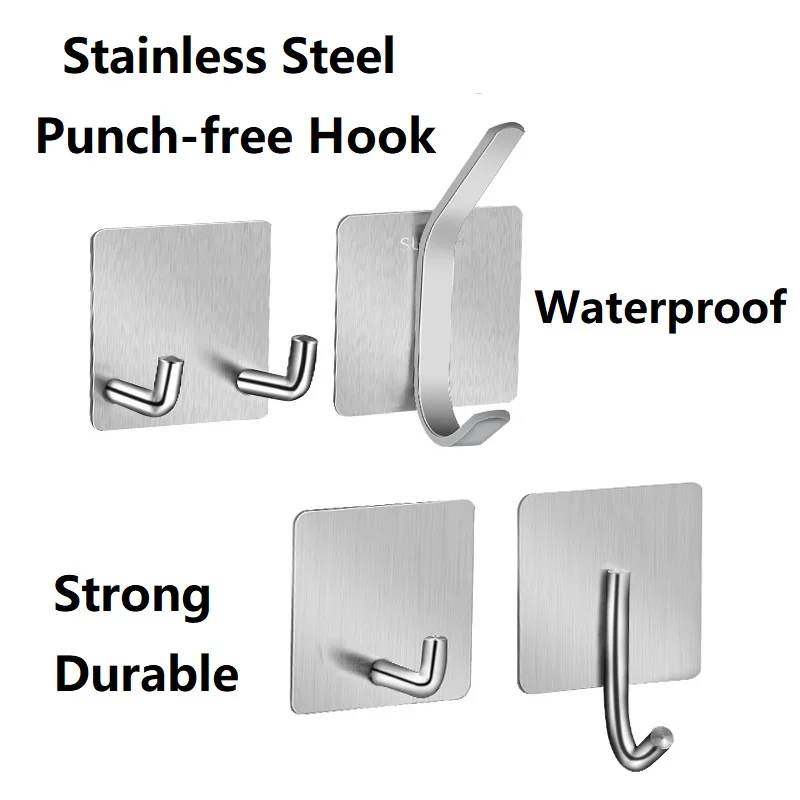 2Pcs Stainless Steel Hanger Kitchen Wall Hang-free Punch Hook Bathroom Waterproof Strong Adhesive Storage Hook Punch-free