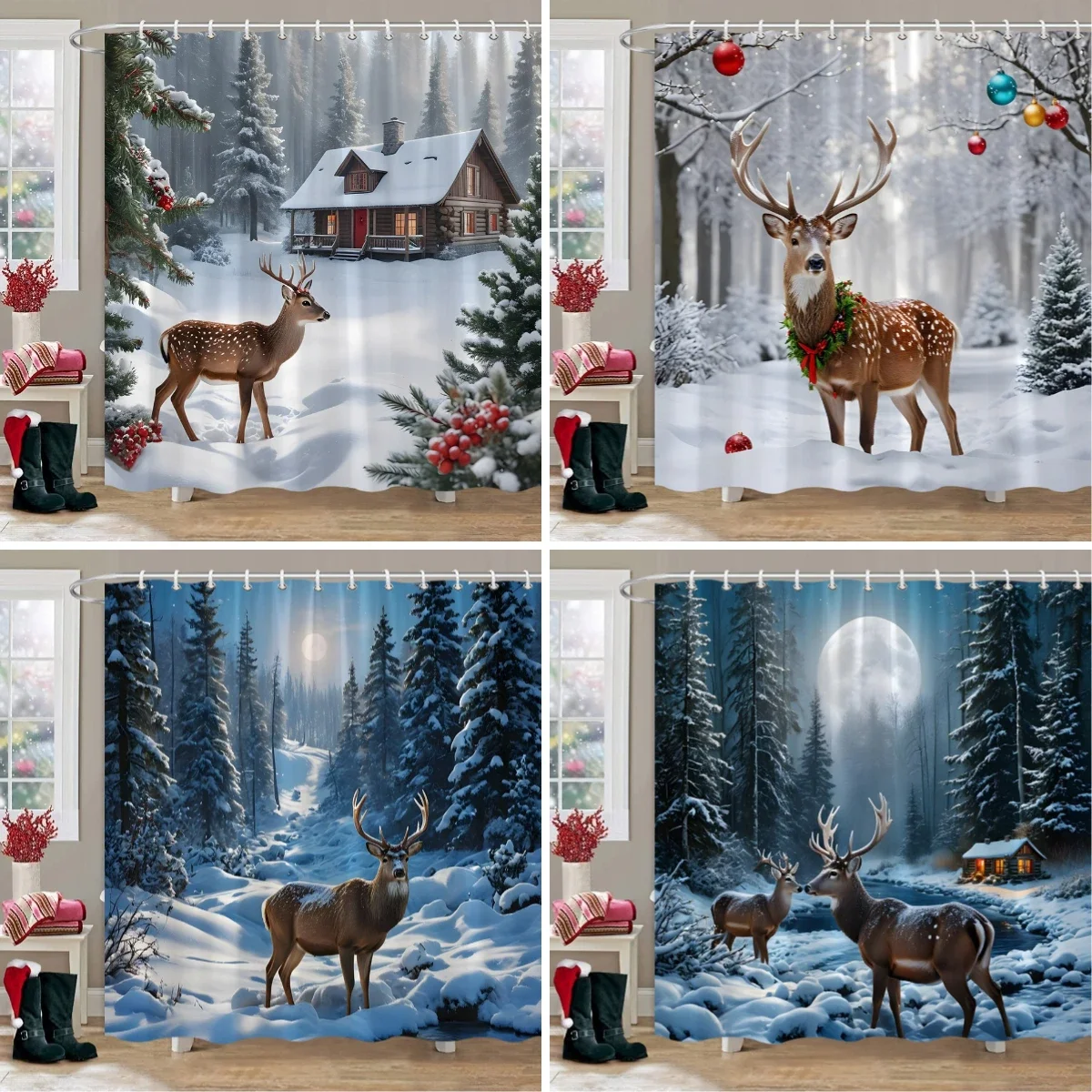 Winter Snow Forest Deer Shower Curtain Christmas Nature Landscape Christmas Gift Polyester Fabric Shower Curtains Bathroom Decor